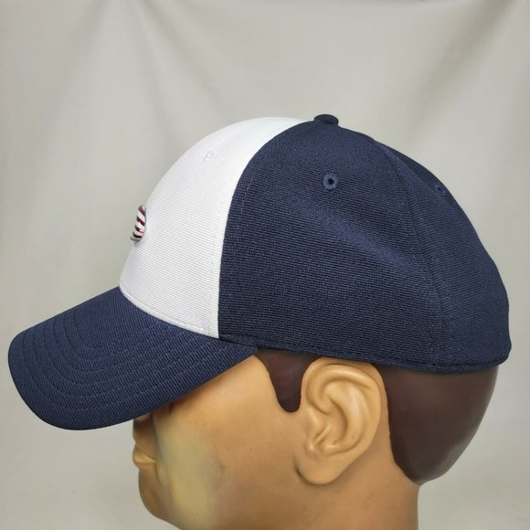 Oakley Black Fitted Hat Flex Lg-XL American Flag Raised Logo White Blue USA - Picture 2 of 7